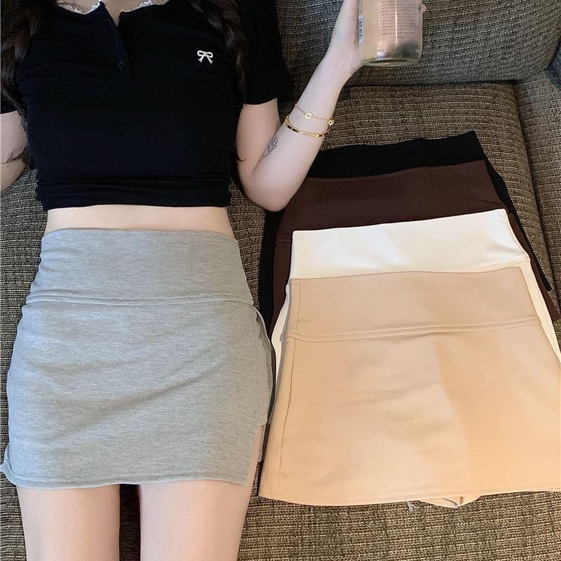 High Waist Plain Slit Mini Pencil Skirt Product Image