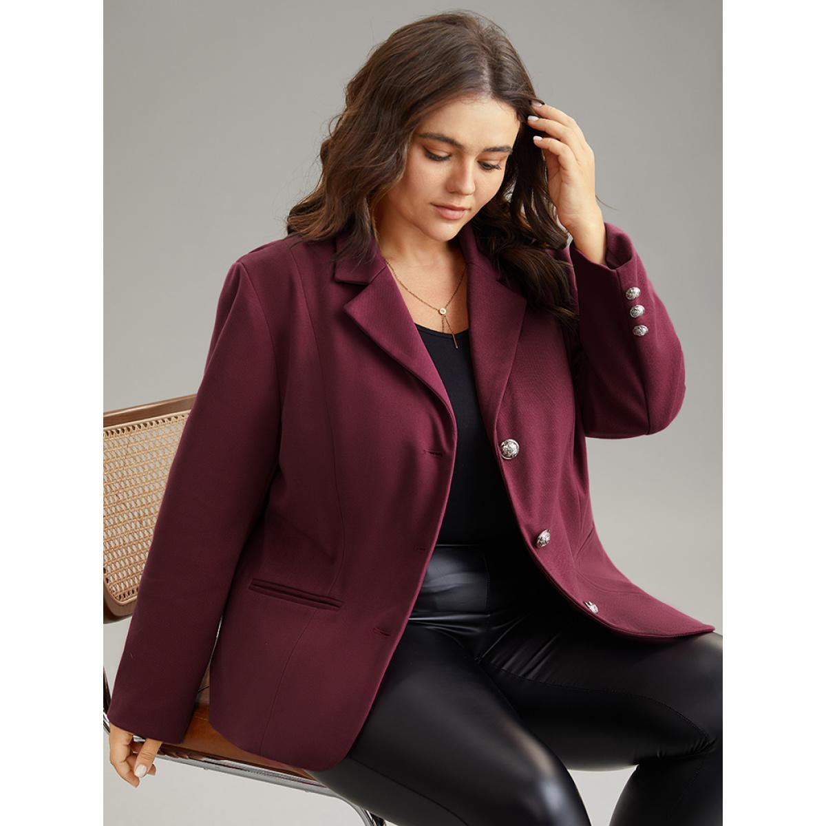 Plus Size Solid Button Fly Pocket Suit Collar Blazer Burgundy Women Work Plain Button Sleeve Long Sleeve Suit Collar 22-24/3X Pocket Elegant Blazers BloomChic Product Image