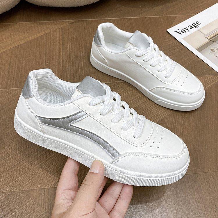 Two Tone Lace-Up Faux Leather Sneakers Product Image