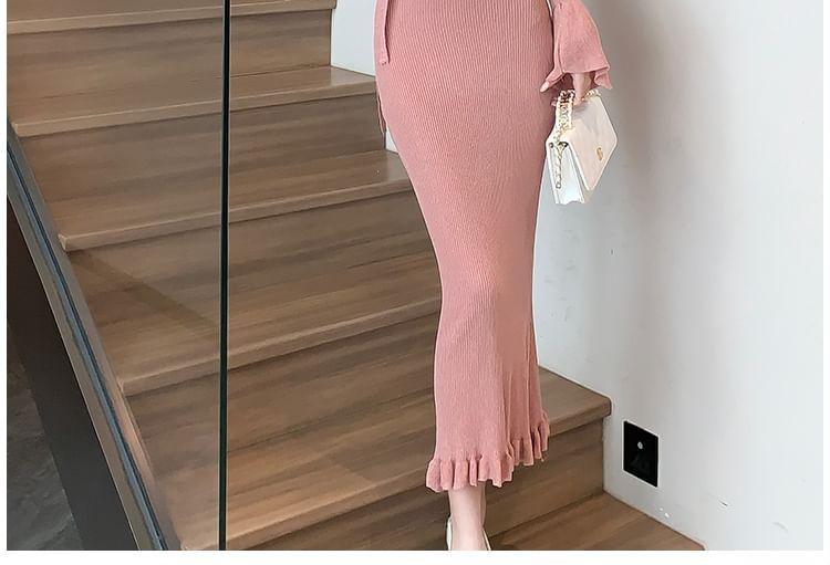 Long Sleeve Scoop Neck Plain Ruffle Knit Maxi Sheath Dress Product Image