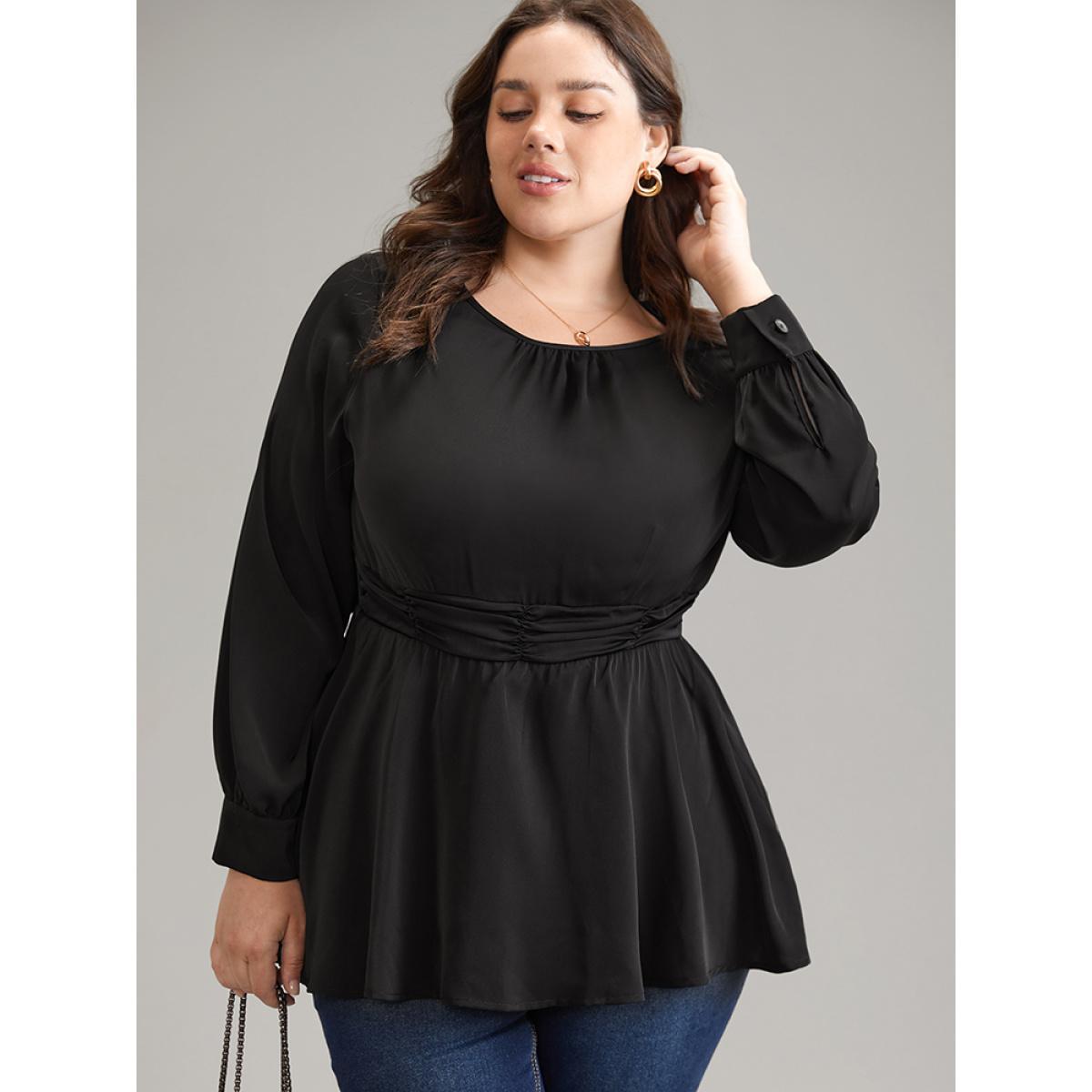 Plus Size Black Anti-Wrinkle Plain Ruched Elastic Waist Blouse Women Office Long Sleeve Round Neck Work Blouses BloomChic 22-24/3X Product Image