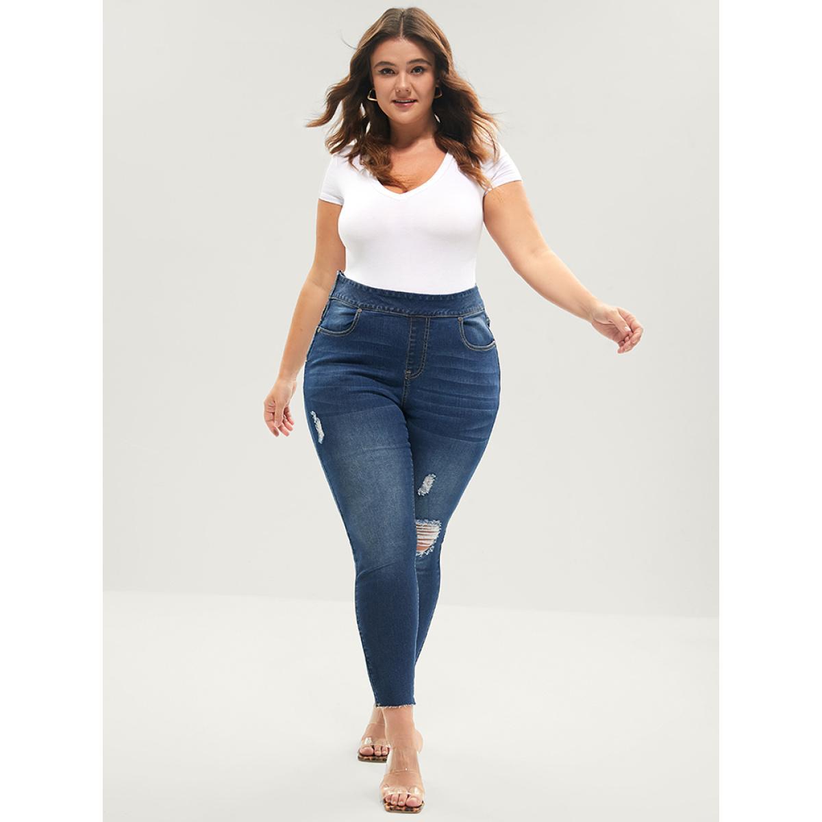 Plus Size Skinny Very Stretchy High Rise Medium Wash Sculpt Waist Jeans Women DarkBlue Casual Plain Tummy control High stretch Pocket Jeans BloomChic 10/M Product Image