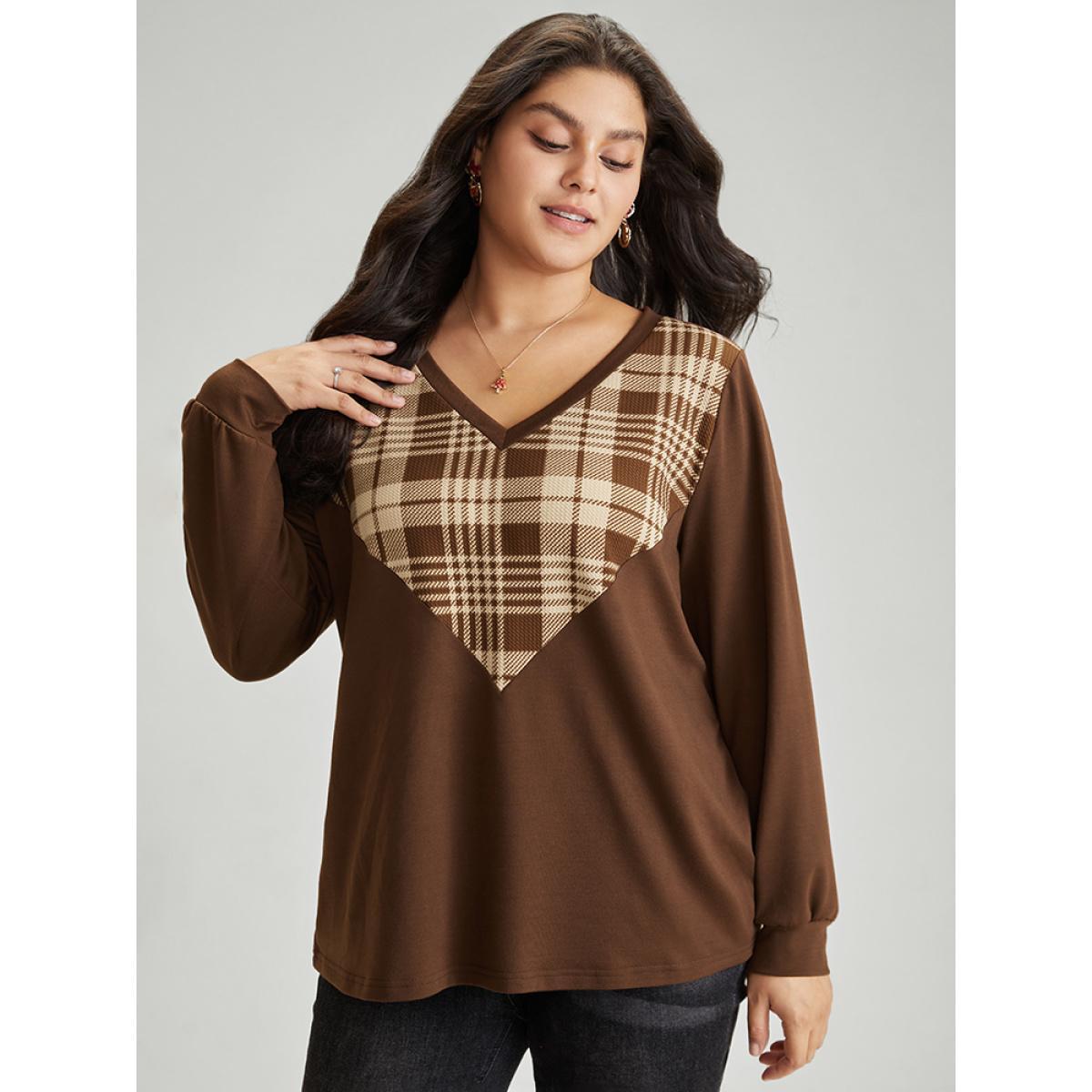 Plus Size Plaid V Neck Patchwork Elastic Cuffs Sweatshirt Women DarkBrown Casual Contrast V-neck Festival-Christmas Sweatshirts BloomChic 30/6X Product Image
