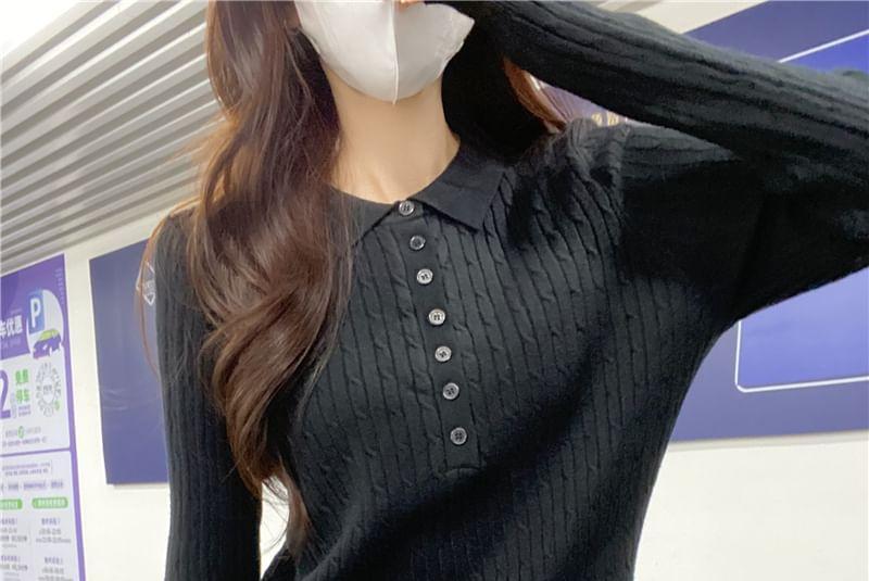 Plain Cable Knit Polo Sweater Product Image