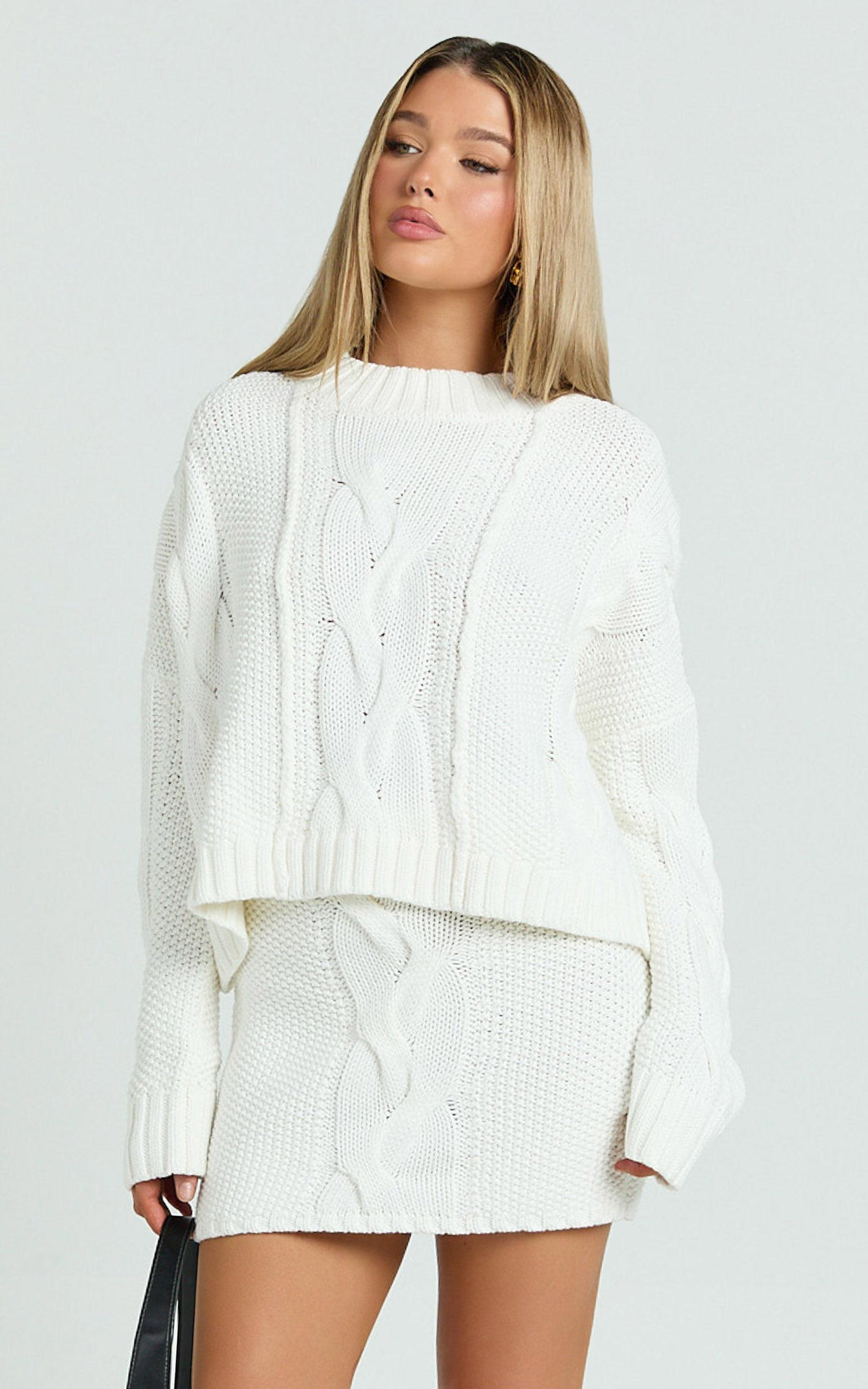 Marge Mini Skirt - High Waisted Cable Knit Mini Skirt in White Product Image