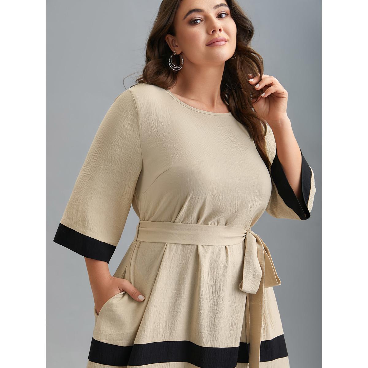 Plus Size Color-Block Belted Pockets Midi Dress Apricot Women Casual Texture Round Neck Elbow-length sleeve Curvy BloomChic 18-20/2X Product Image