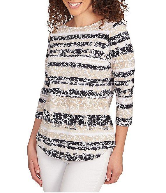 Ruby Rd. Soft Jersey Knit Mixed Floral Watercolor Stripe Boat Neck 3/4 Sleeve Top Product Image