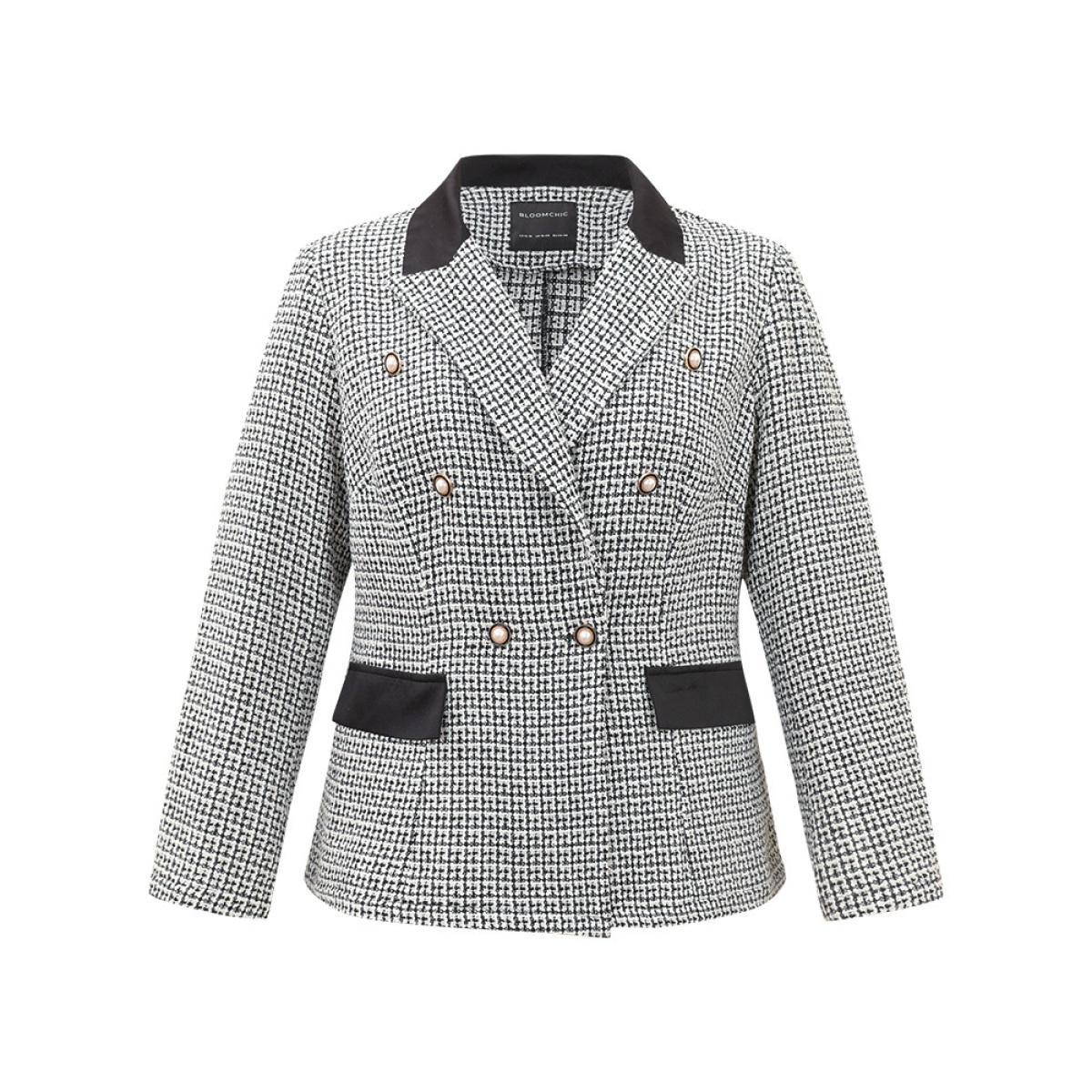 Plus Size Houndstooth Lapel Collar Button Detail Blazer Black Women Work Houndstooth Contrast Sleeve Long Sleeve Lapel Collar 10/M At the Office Blazers BloomChic Product Image