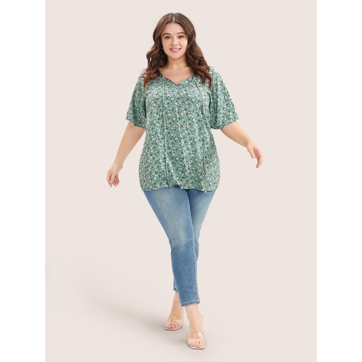 Plus Size Emerald Ditsy Floral Ruffle Sleeve Tie Neck Blouse Women Elegant Short sleeve V-neck Everyday Blouses BloomChic 14-16/1X Product Image