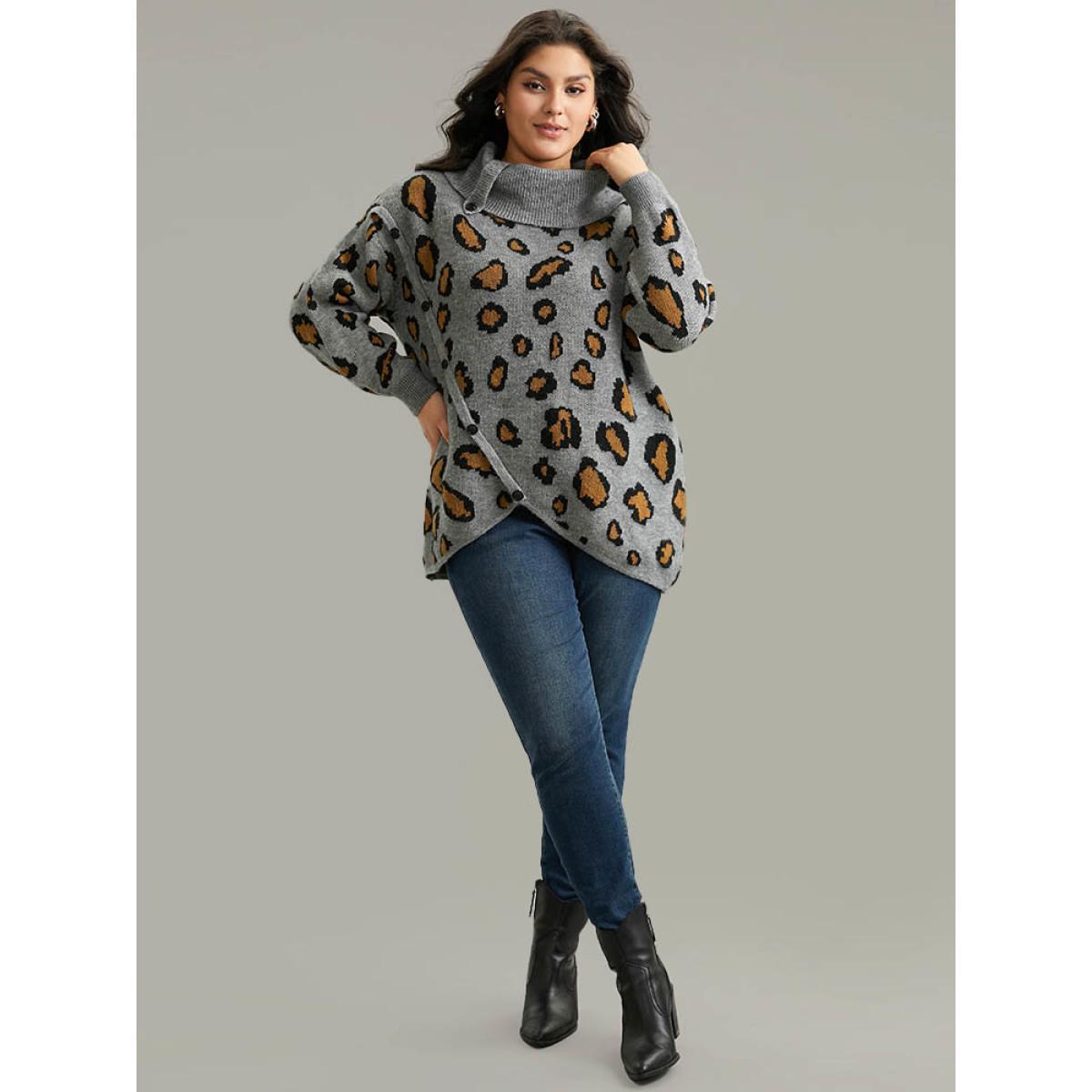 Plus Size Anti-Pilling Leopard PrintLapel Collar Button Detail Pullover Gray Women Casual Loose Long Sleeve Lapel Collar Dailywear Pullovers BloomChic 12/L Product Image