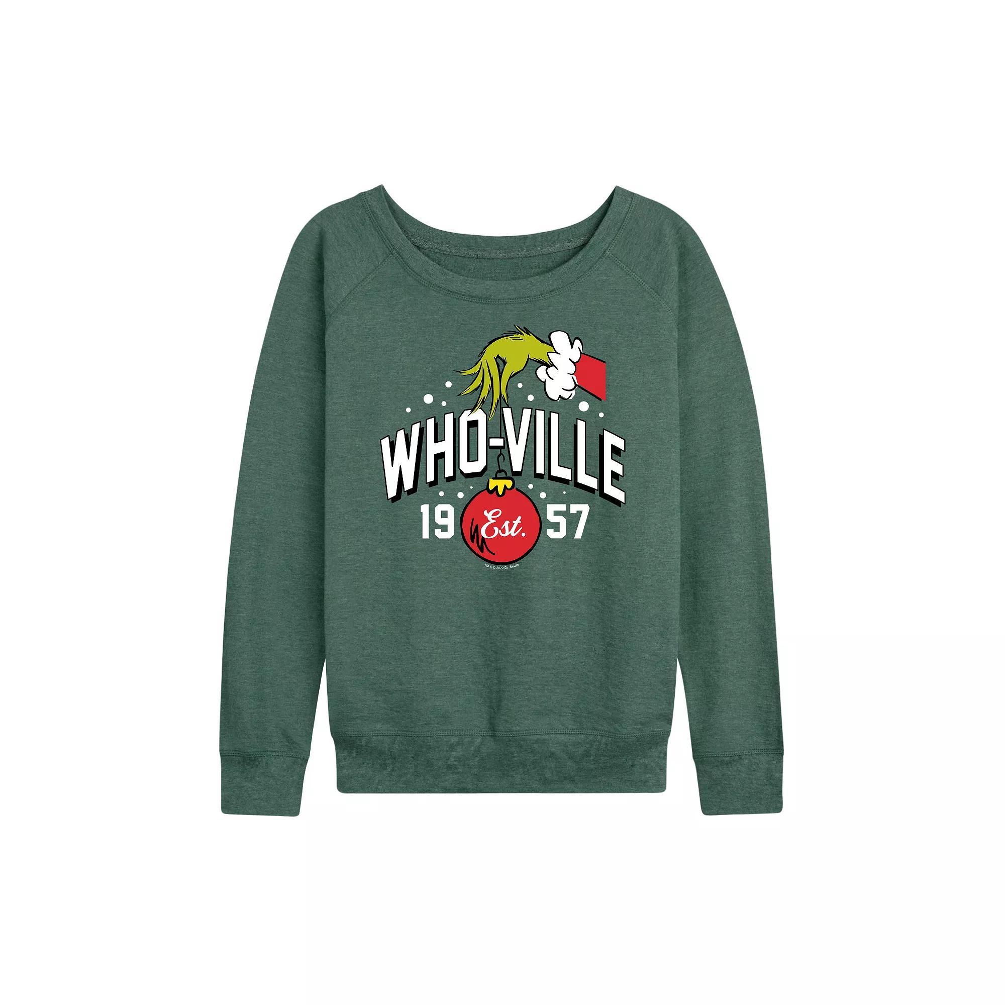 Women's Dr. Seuss The Grinch Whoville Grinch Hand French Terry Long Sleeve Tee, Girl's, Size: XXL, Grey Green Product Image