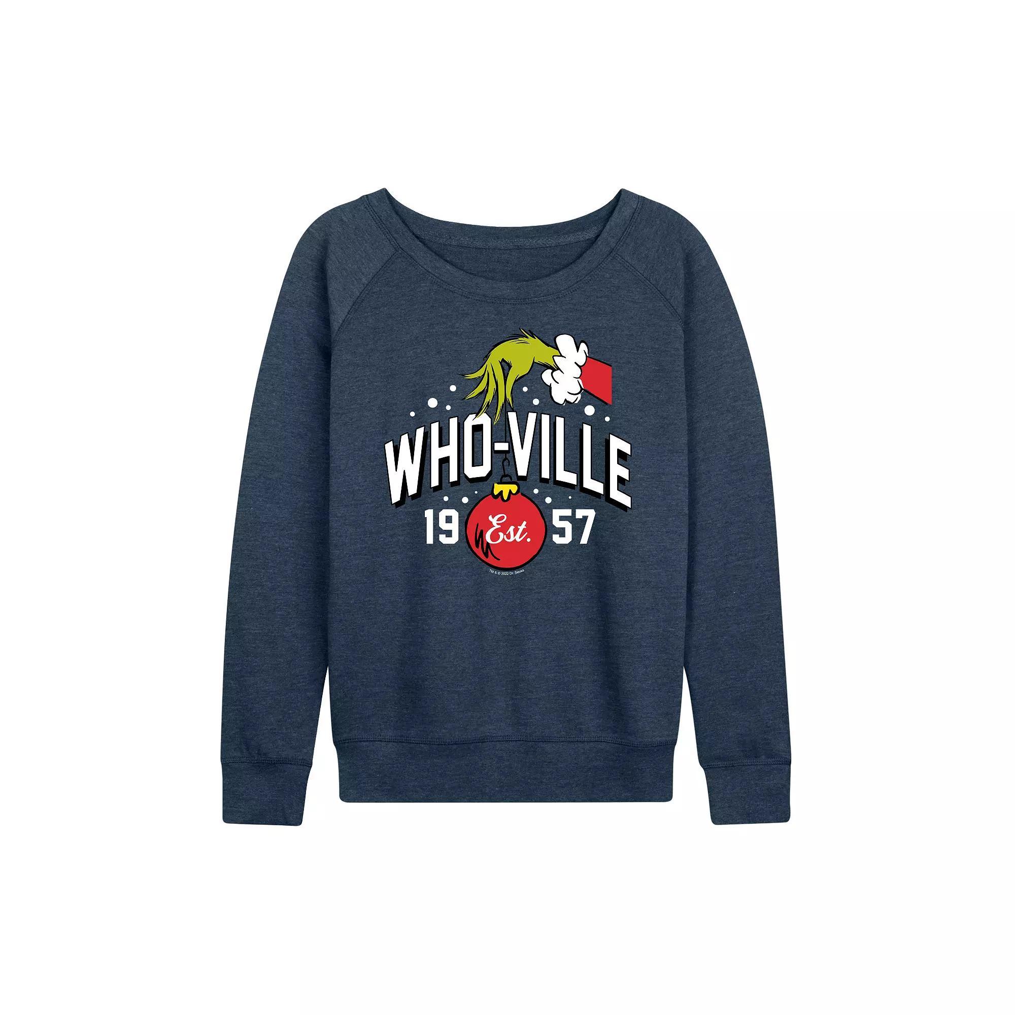 Women's Dr. Seuss The Grinch Whoville Grinch Hand French Terry Long Sleeve Tee, Girl's, Size: XXL, Grey Green Product Image