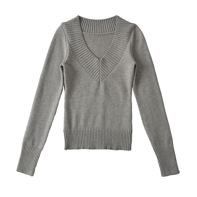 V-Neck Plain Ribbed Crop Sweater Product Image