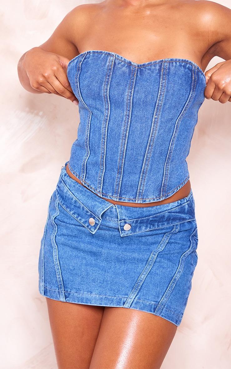 Mid Blue Wash Seam Detail Denim Corset Top Product Image