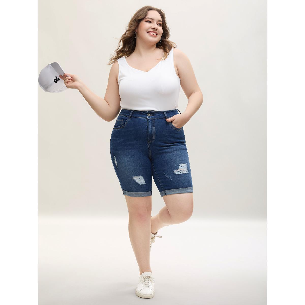 Plus Size Ripped Straight-Leg Denim Shorts Women Denimindigo High stretch Work Slanted pocket Workwear Essentials Denim Shorts BloomChic 28/5X Product Image