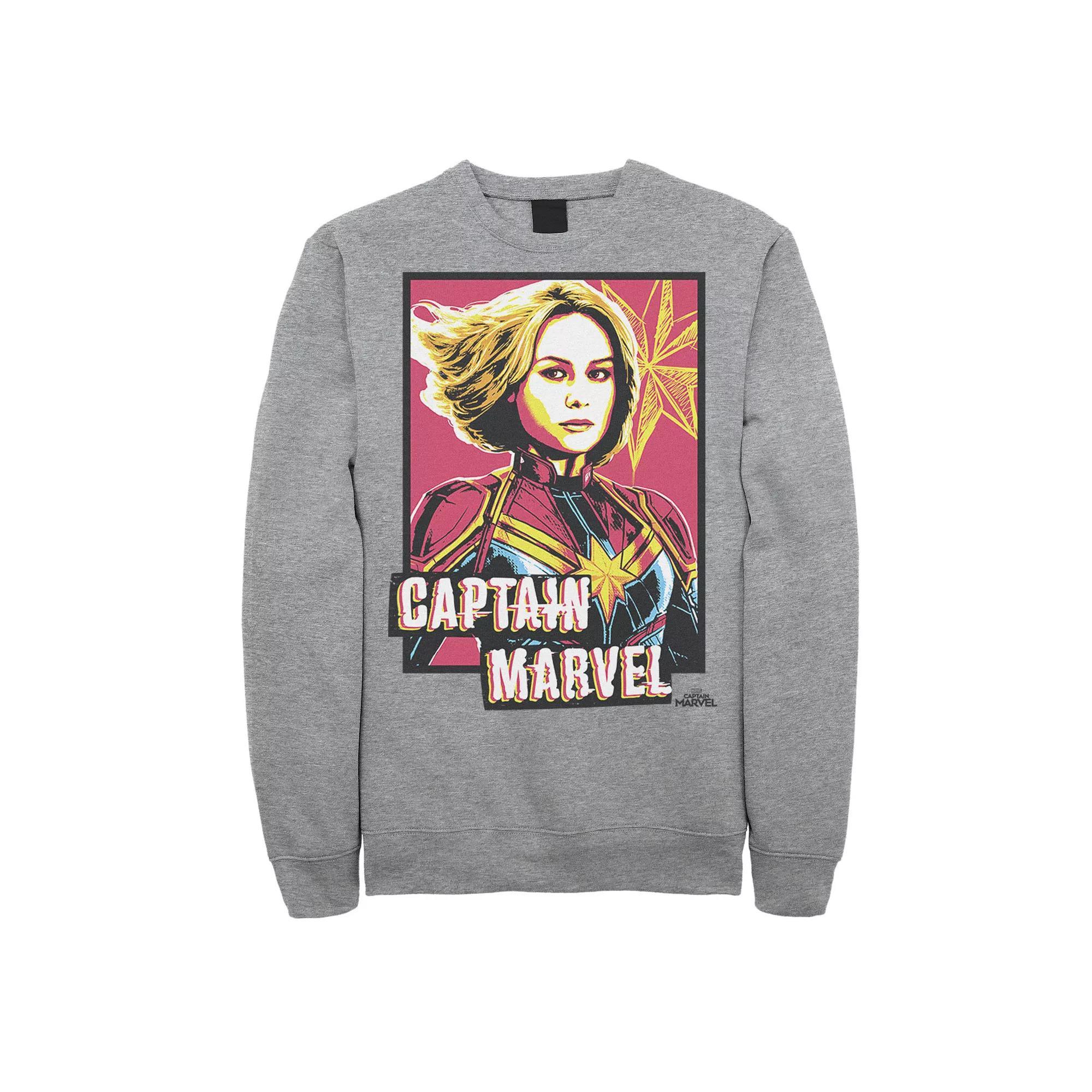Men's Marvel Captain Marvel Saturated Portrait Poster Graphic Fleece Pullover, Size: Medium, Athletic Grey Product Image