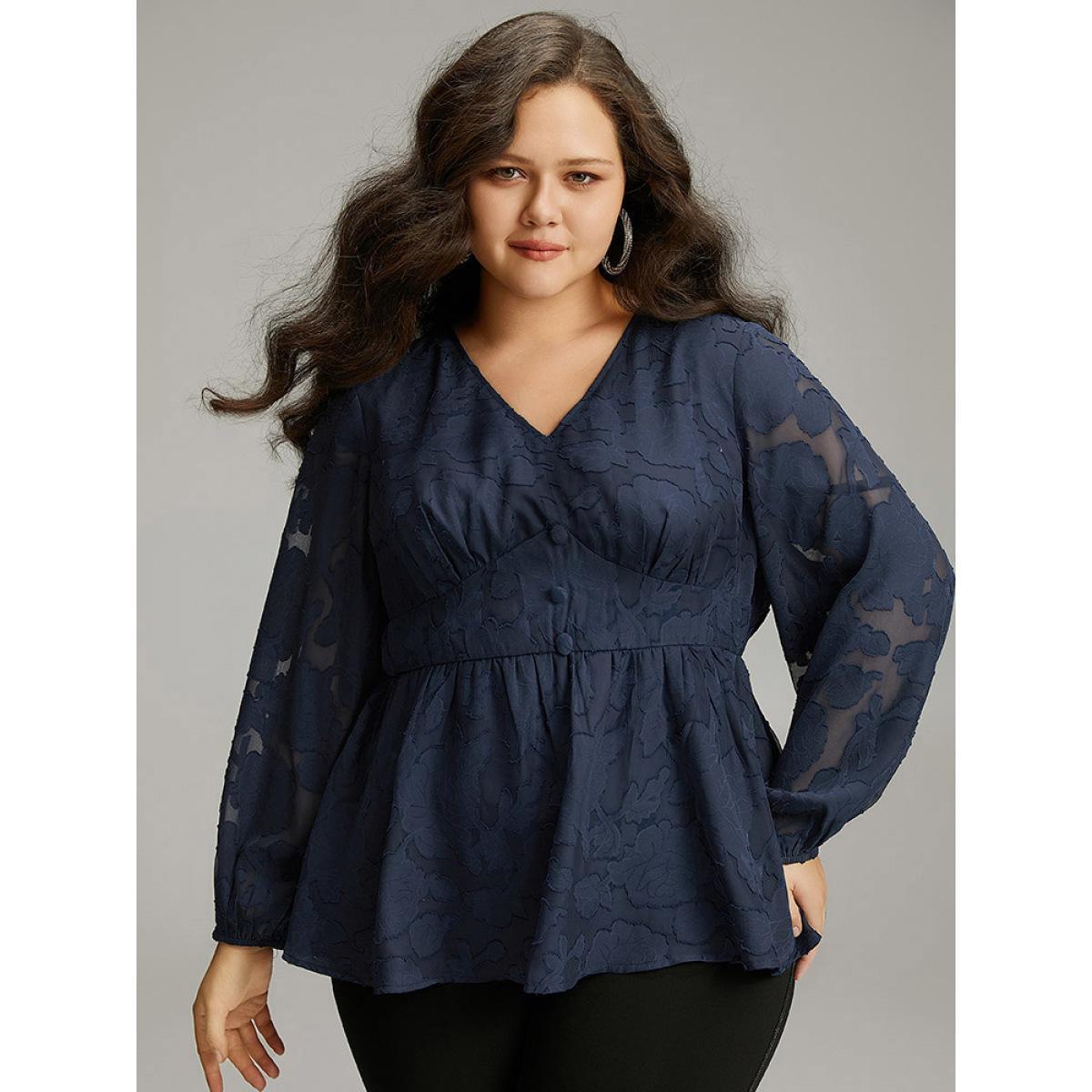 Plus Size Indigo Floral Mesh Elastic Waist Button Detail Blouse Women Glamour Long Sleeve V-neck Going out Blouses BloomChic 22-24/3X Product Image