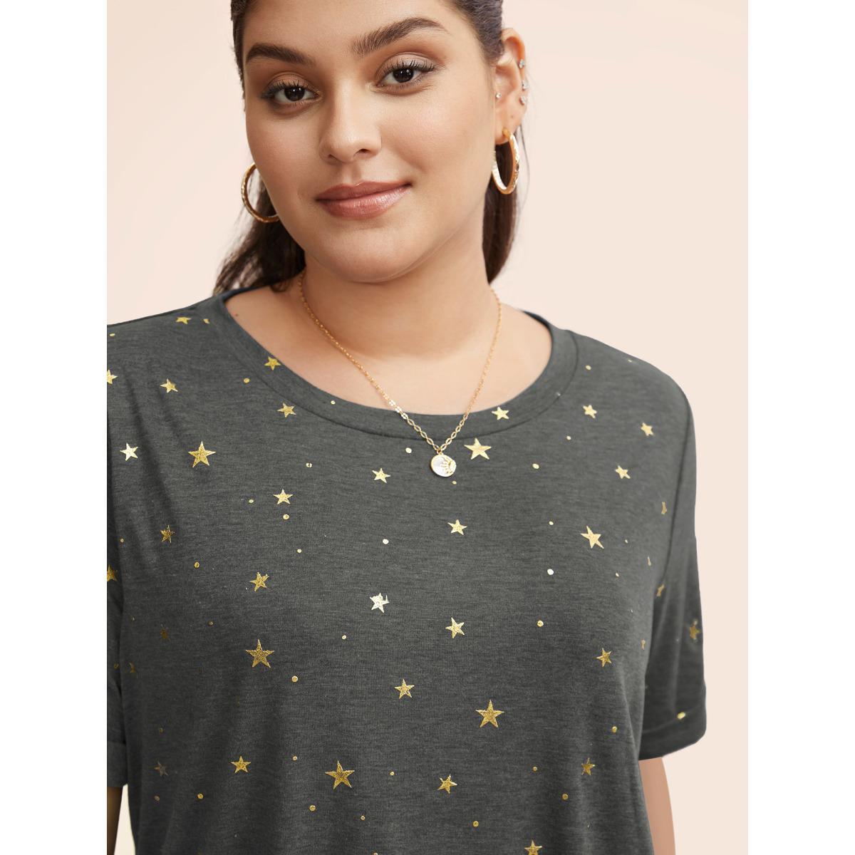 Plus Size Star Glitter Cuffed Sleeve Crew Neck T-shirt DimGray Women Casual Heather Moon and Star Round Neck Dailywear T-shirts BloomChic 30/6X Product Image