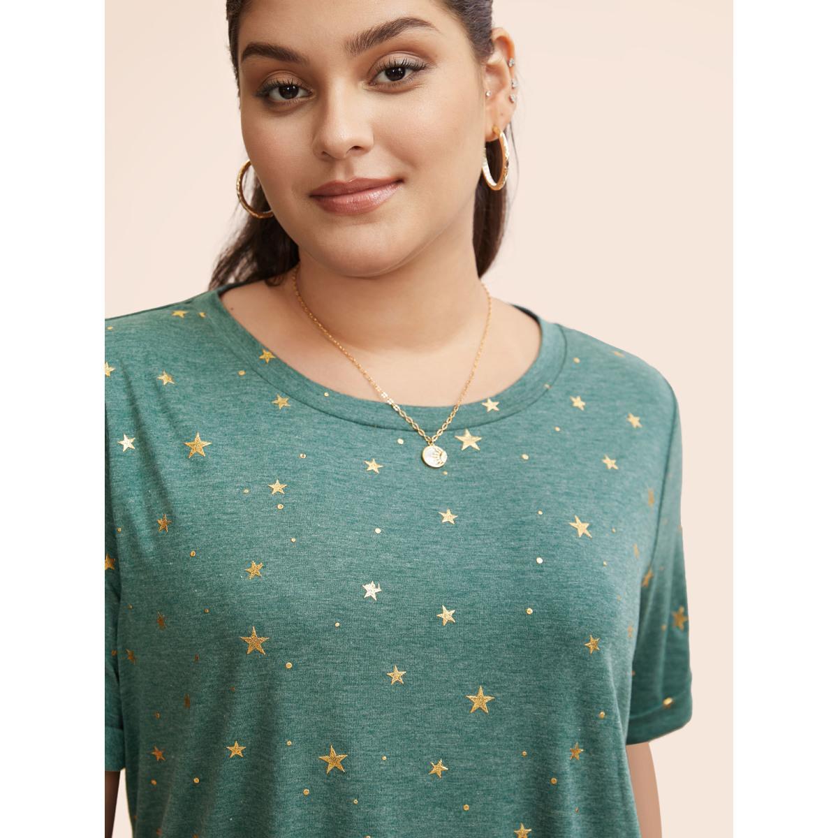 Plus Size Star Glitter Cuffed Sleeve Crew Neck T-shirt Cyan Women Casual Heather Moon and Star Round Neck Dailywear T-shirts BloomChic 12/L Product Image