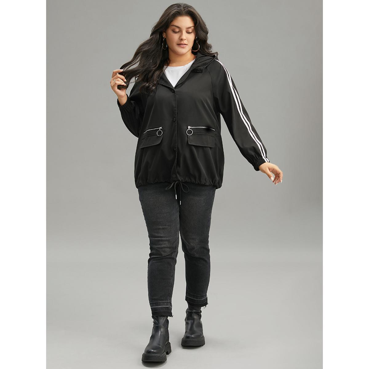 Plus Size Halloween Contrast Trim Zipper Drawstring Button Up Coat Women Black Casual Elastic cuffs Ladies Dailywear Winter Coats BloomChic 22-24/3X Product Image