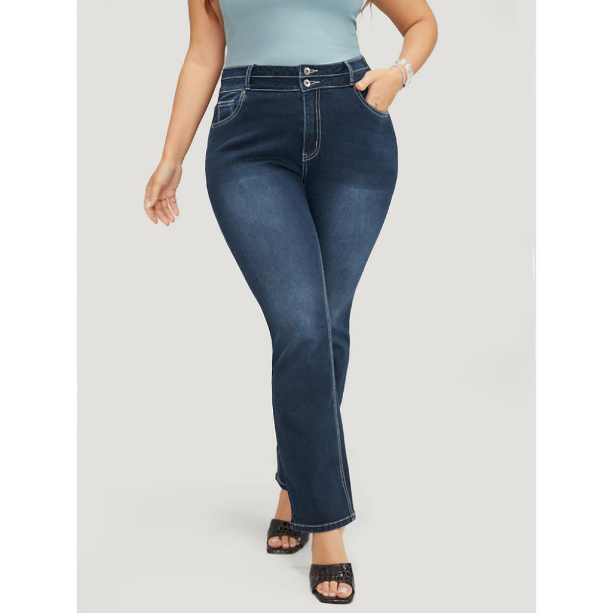 Plus Size Very Stretchy High Rise Dark Wash Contrast Stitching Jeans Women DarkBlue Casual Plain High stretch Pocket Jeans BloomChic 20/2X Product Image