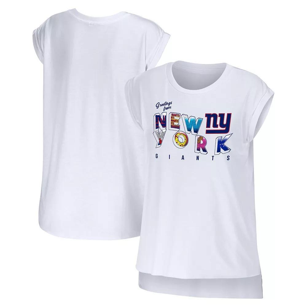 Women's WEAR by Erin Andrews White New York Giants Greetings From Muscle T-Shirt, Size: Large Product Image