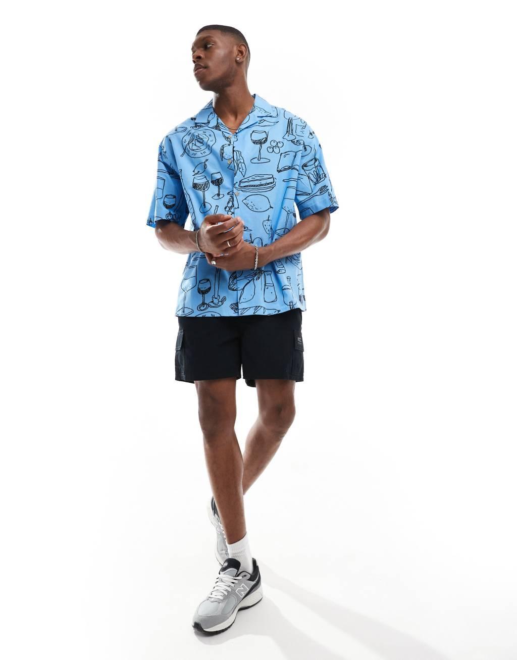 ASOS DESIGN oversized camp collar shirt with dining scene print in blue Product Image