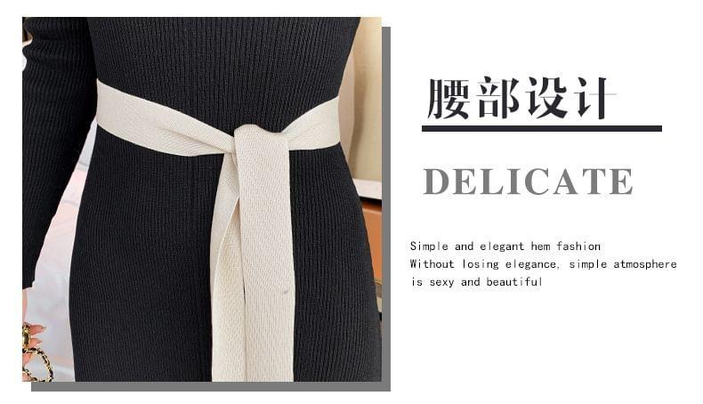 Long-Sleeve V-Neck Two Tone Sashed Midi A-Line Knit Dress Product Image