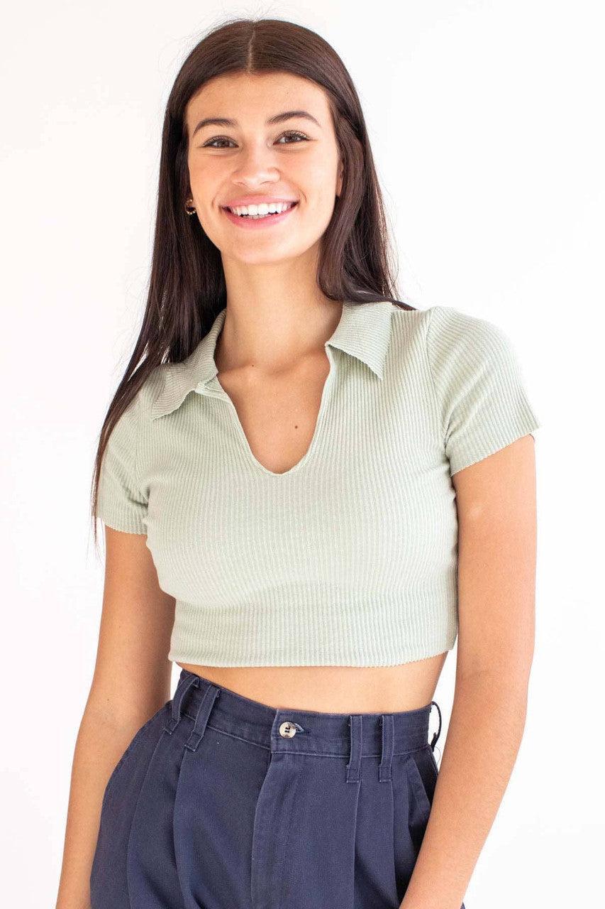 Sage Raw Edge Ribbed Crop Polo Product Image