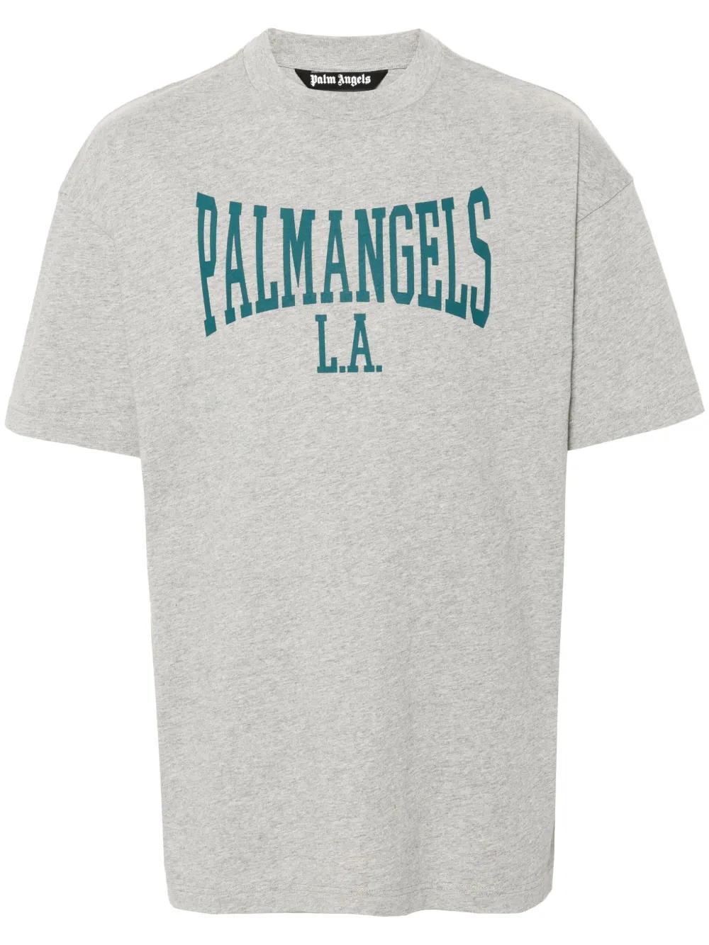 PALM ANGELS Logo-print Cotton T-shirt In Melange Grey Petrol Product Image
