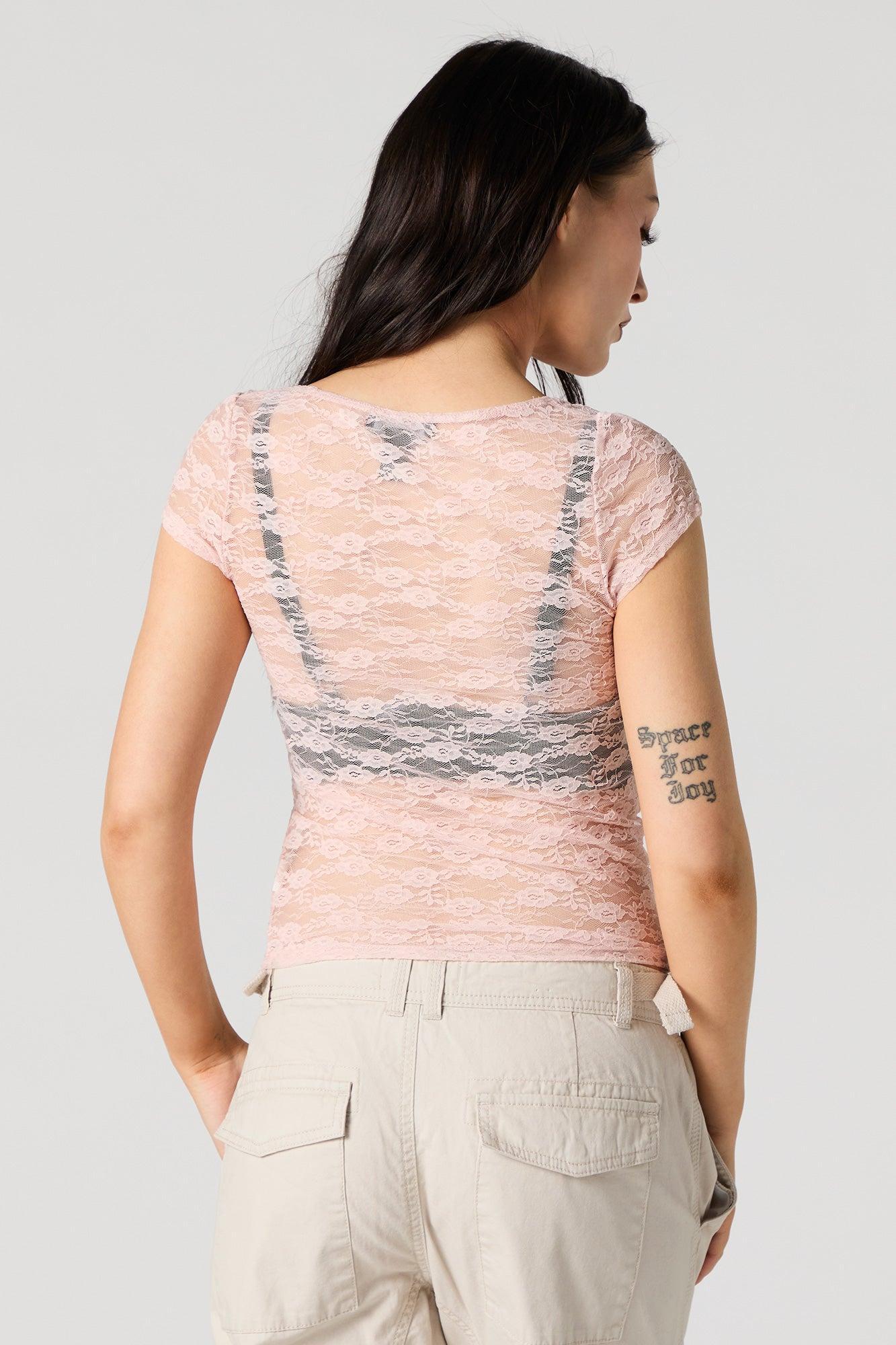 Sheer Floral Lace Scoop Neck Top Female Product Image