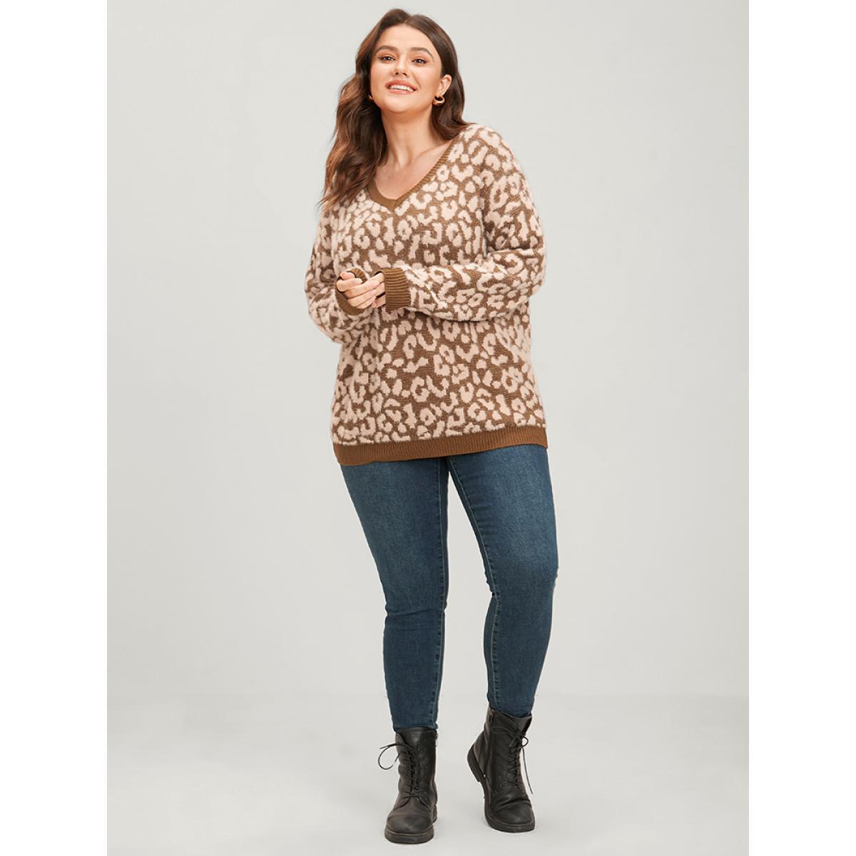 Plus Size Leopard Pointelle Knit V Neck Fluffy Knit Top Bronze Women Casual Loose Long Sleeve V-neck Dailywear Pullovers BloomChic 12/L Product Image