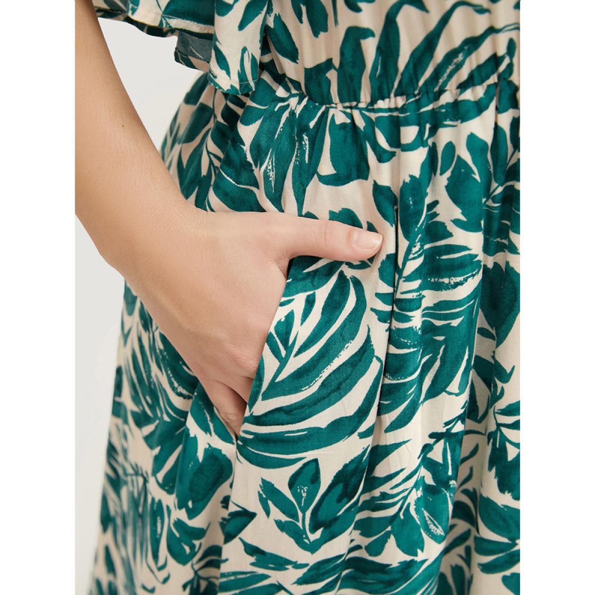 Plus Size Plant Print Flutter Sleeve Button Detail Pocket Dress Green Women Vacation Elastic Waist V-neck Short sleeve Curvy Midi Dress BloomChic 28/5X Product Image