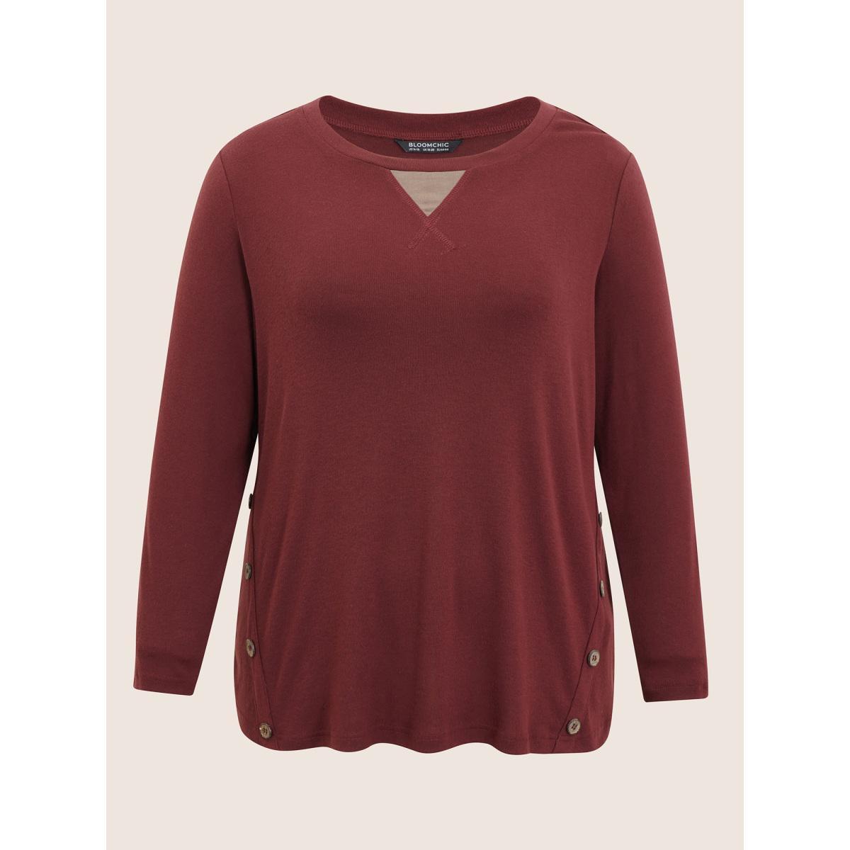 Plus Size Two Tone Patchwork Button Front T-shirt Burgundy Women Casual Contrast Plain Round Neck Dailywear T-shirts BloomChic 10/M Product Image