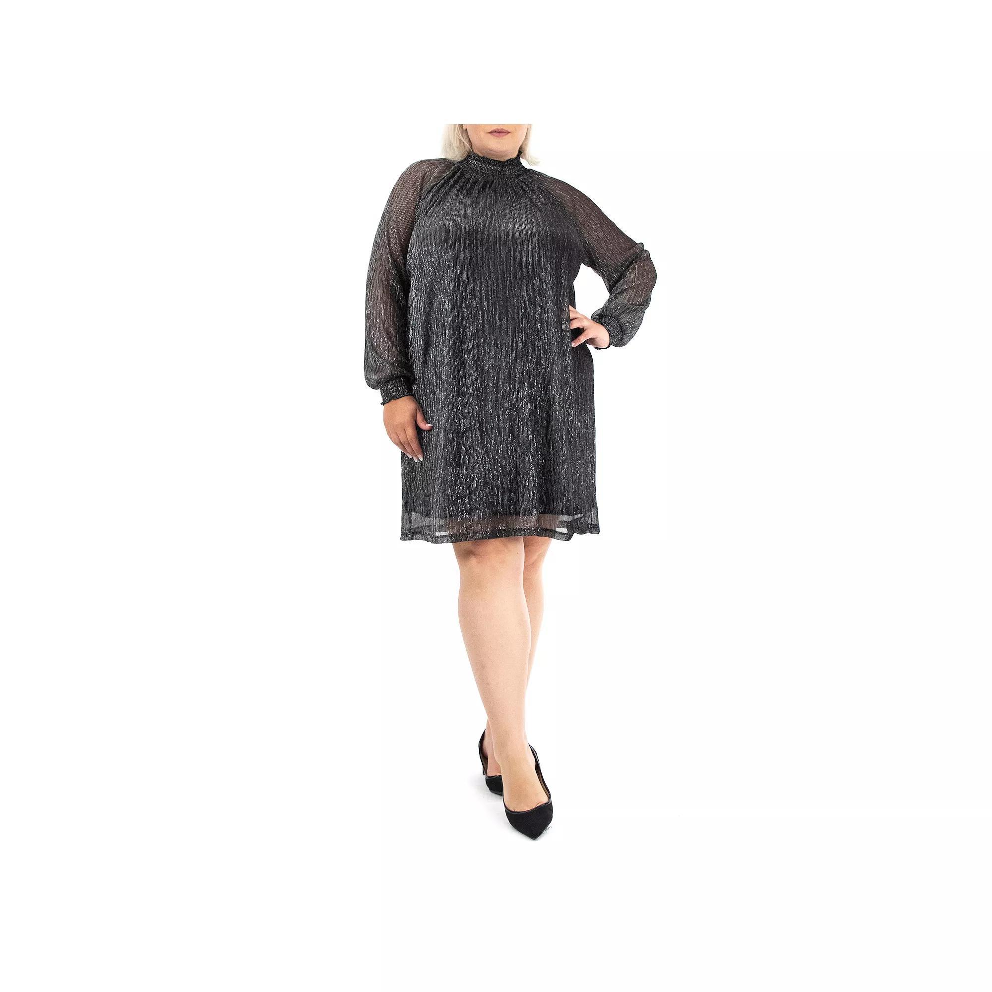 Plus Size Nina Leonard Smockneck Trapeze Dress, Women's, Size: 2XL, Black Silver Product Image
