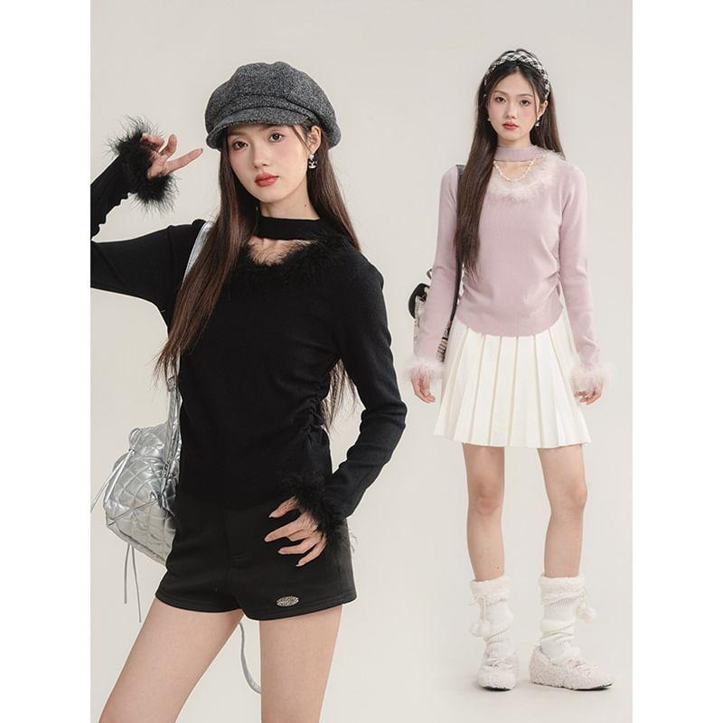 Long-Sleeve Crewneck Furry Trim Plain Knit Top Product Image