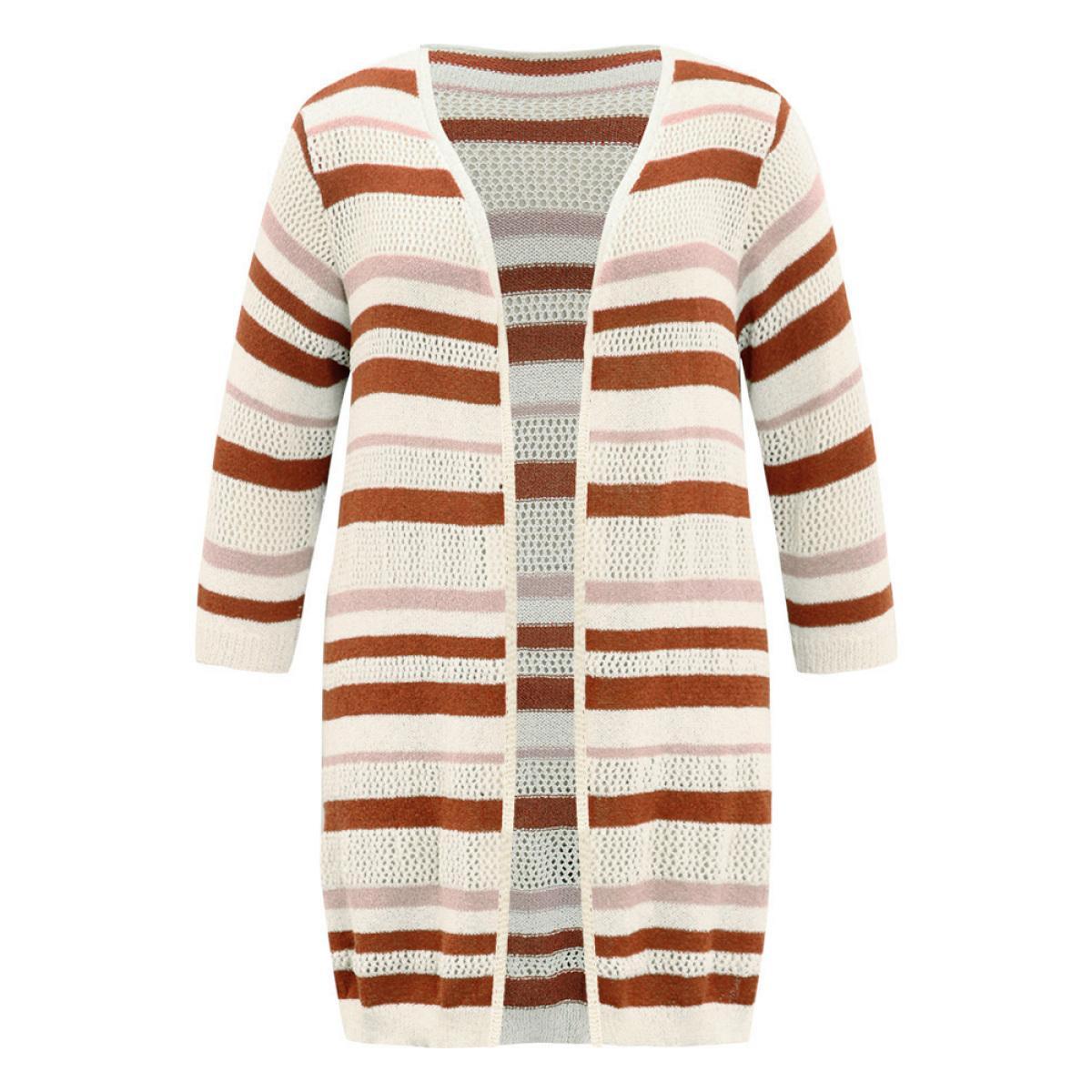 Plus Size Striped Hollow Out Open Front Split Hem Cardigan Multicolor Women Casual Loose Elbow-length sleeve Dailywear Cardigans BloomChic 12/L Product Image