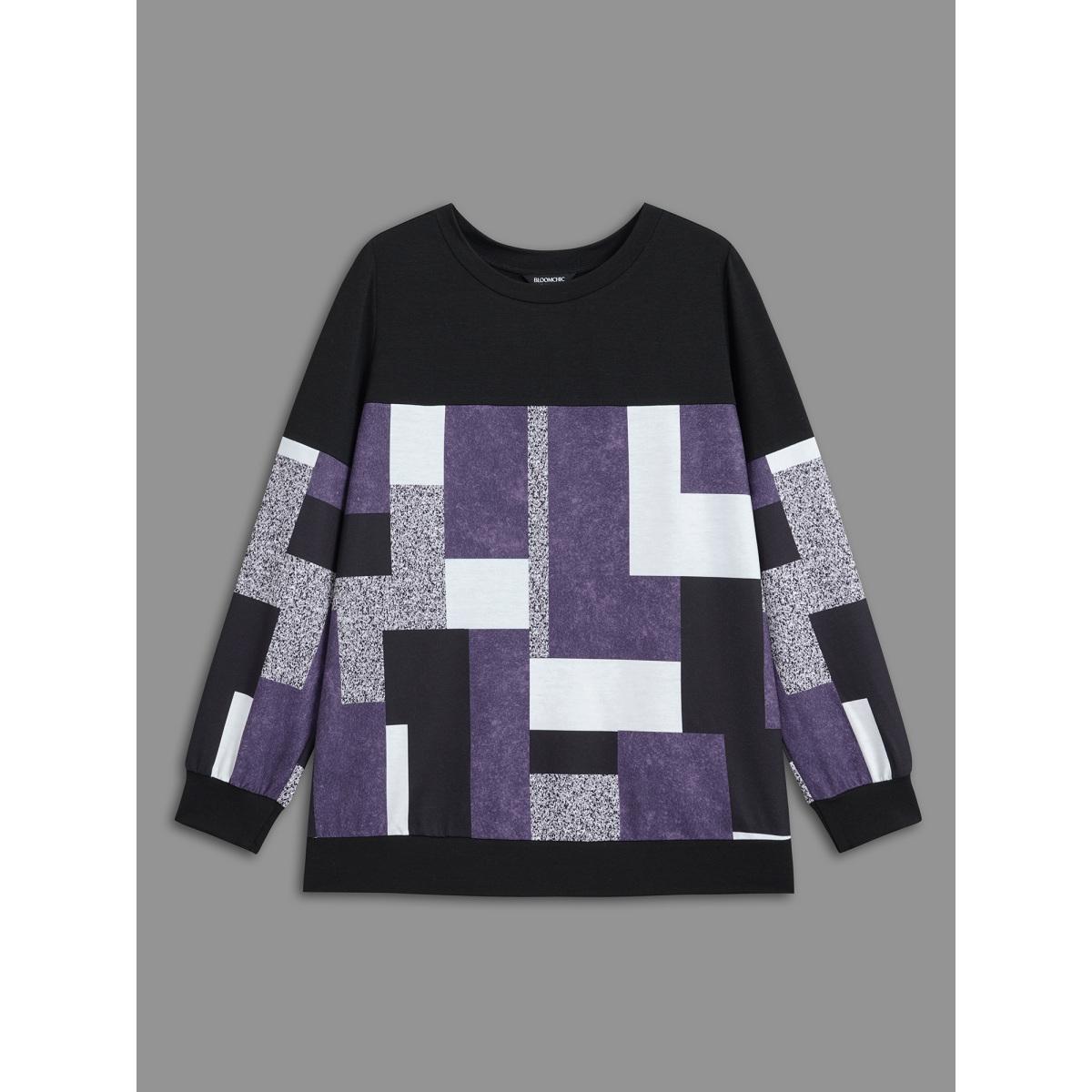 Plus Size Crew Neck Geometric Patchwork Sweatshirt Women Deeppurple Casual Contrast Loose Round Neck Everyday Sweatshirts BloomChic 30/6X Product Image