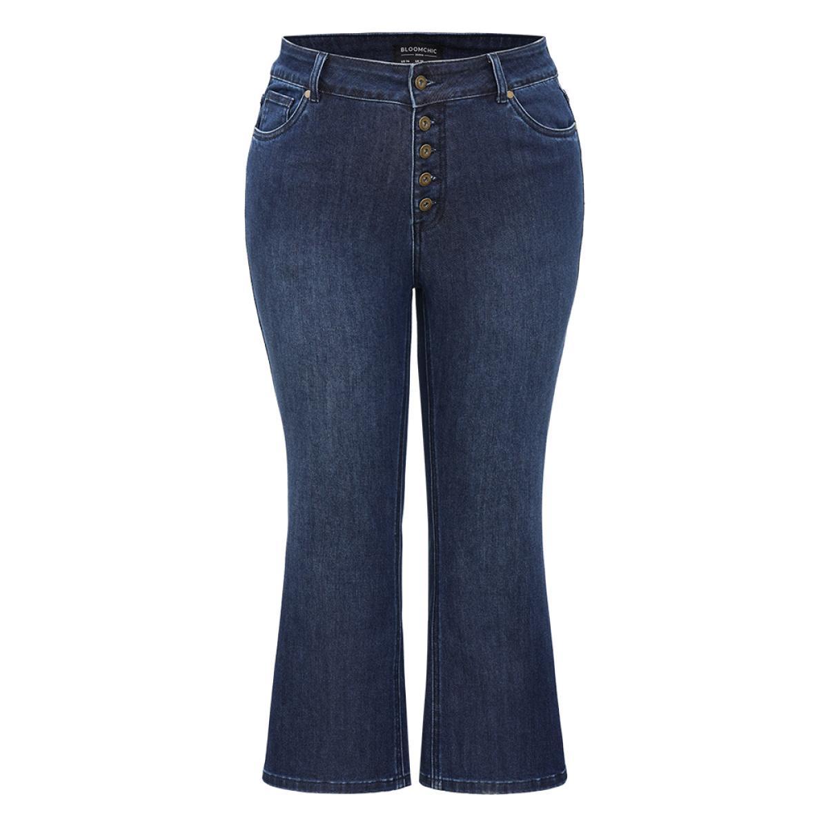 Plus Size Plain Button Fly High Rise Bootcut Jeans Women DarkBlue Casual Plain Plain Medium stretch Pocket Jeans BloomChic 22/3X Product Image