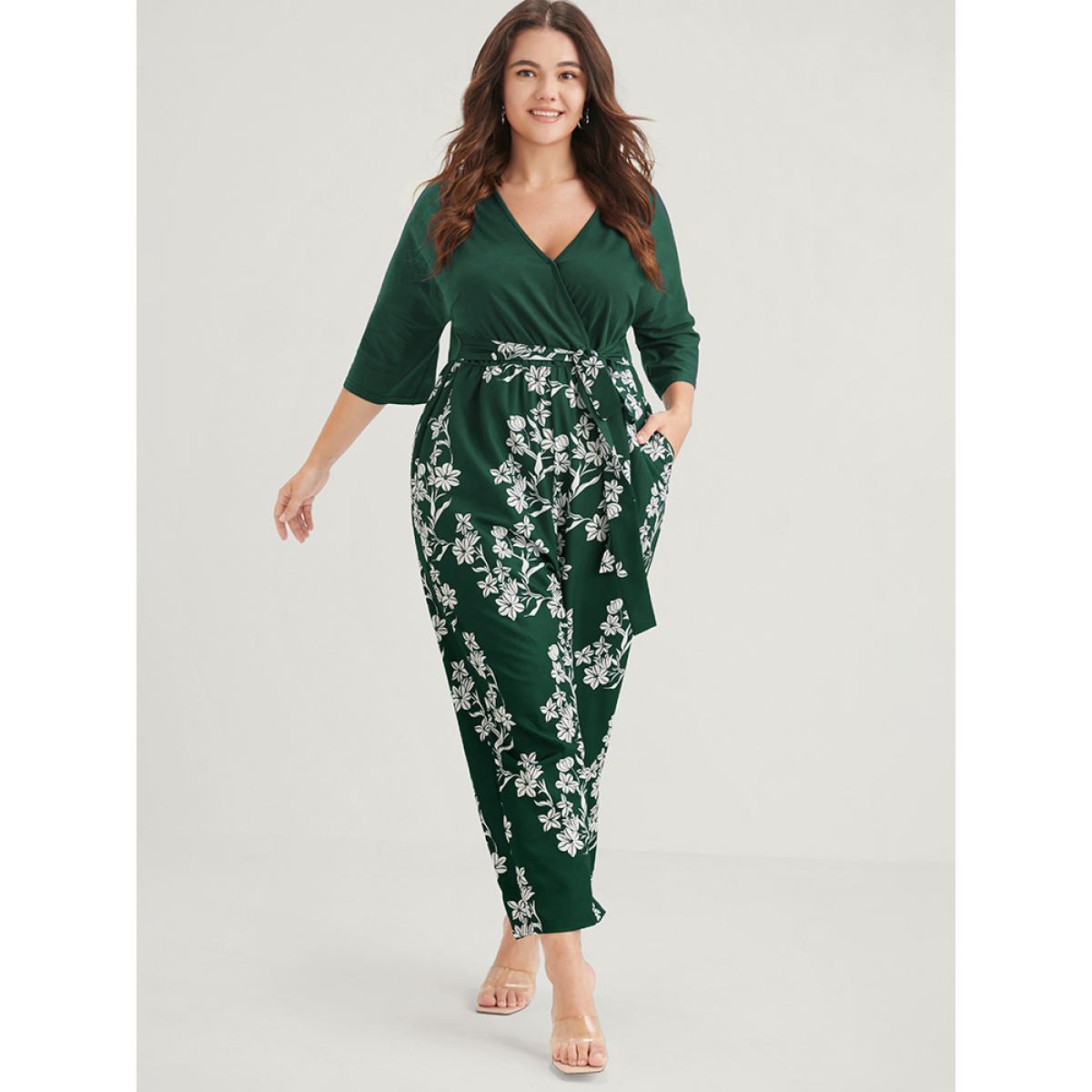 Plus Size DarkGreen Floral Print Button Dolman Sleeve Pocket Knotted Wrap Jumpsuit Women Elegant Half Sleeve V-neck Dailywear Loose Jumpsuits BloomChic 28/5X Product Image