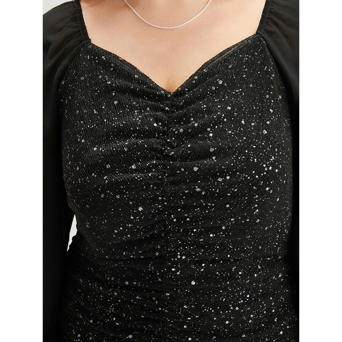Plus Size Glitte Chiffon Square Neck Ruched Dress Black Women Party Gathered Square Neck Long Sleeve Curvy Knee Dress BloomChic 22-24/3X Product Image