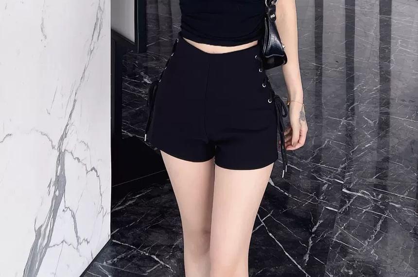 High Waist Plain Lace-Up Hot Pants Product Image