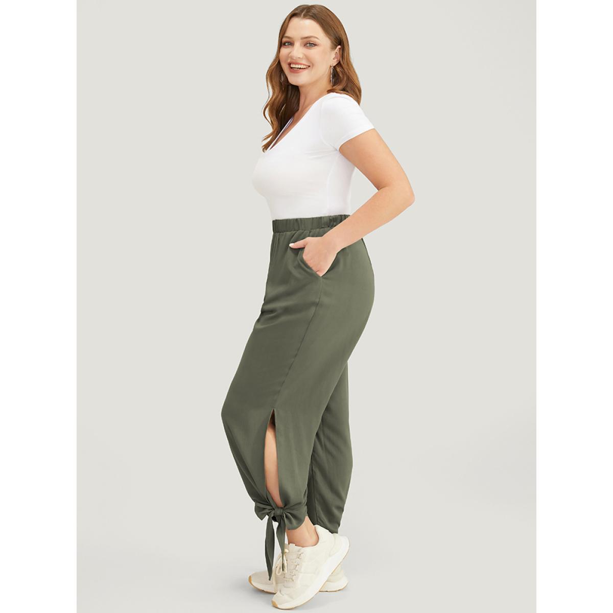 Plus Size Solid Knotted Split Hem Pocket Pants Women Sage Casual Loose High Rise Dailywear Pants BloomChic 30/6X Product Image