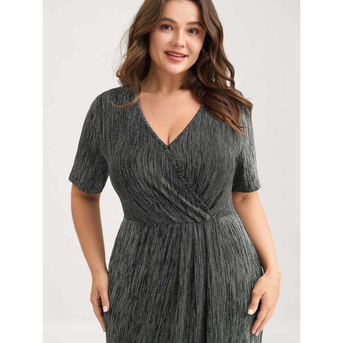 Plus Size Stretchy Asymmetrical Hem Surplice Midi Dress Black Women Overlapping Overlap Collar Short sleeve Curvy BloomChic 26/4X Product Image