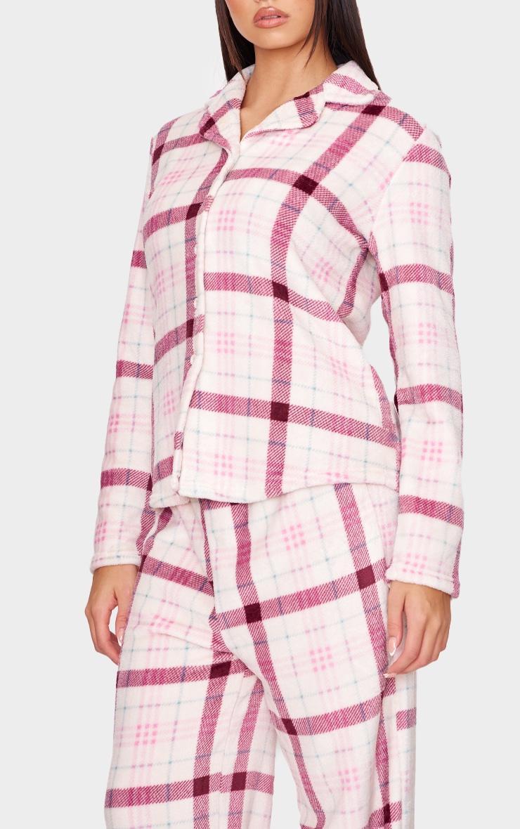 Pink Check Print Fleece Button Down Long Pj Set Product Image