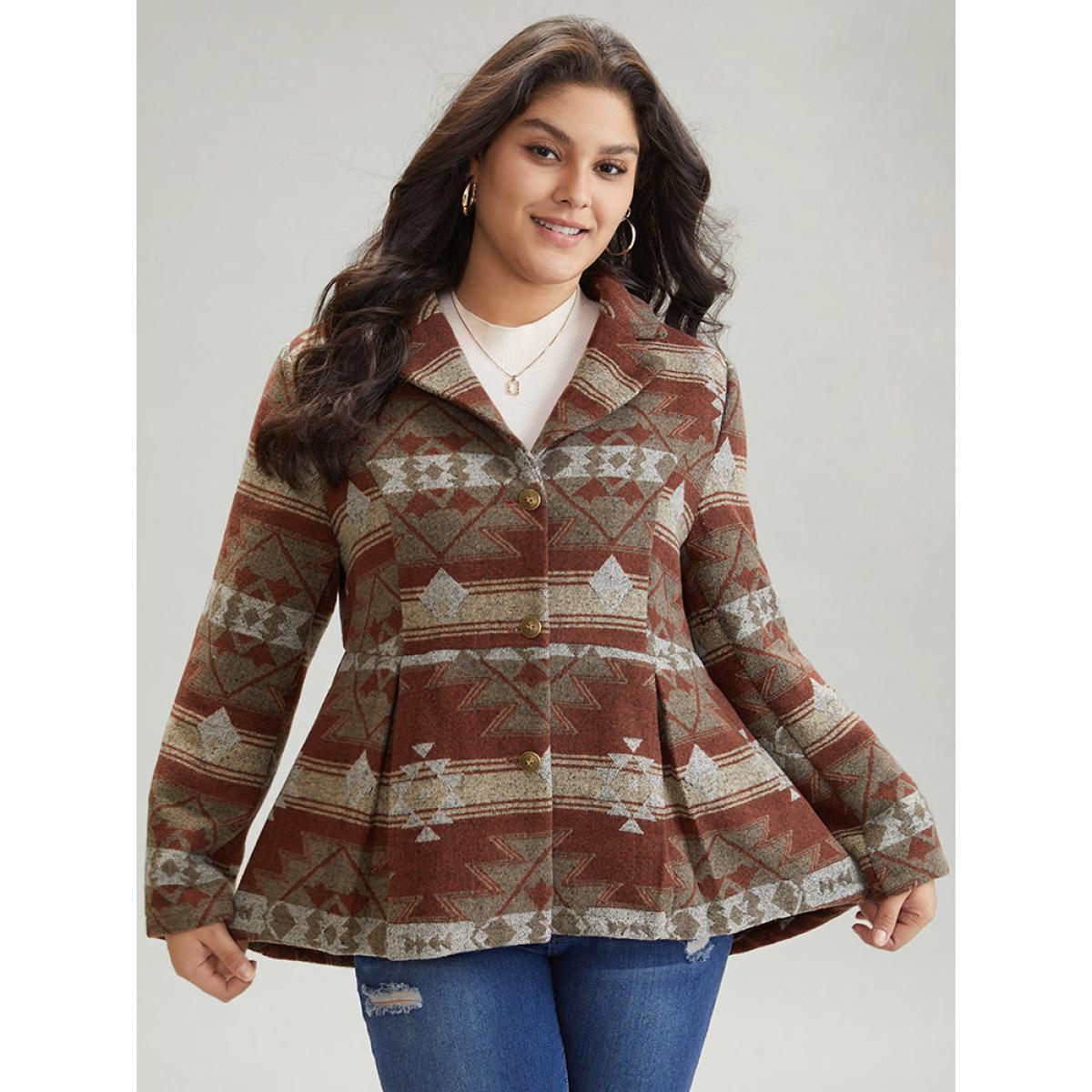 Plus Size Geometric Boho Print Pleated Pocket Coat Women Multicolor Casual Lined Ladies Dailywear Winter Coats BloomChic 22-24/3X Product Image