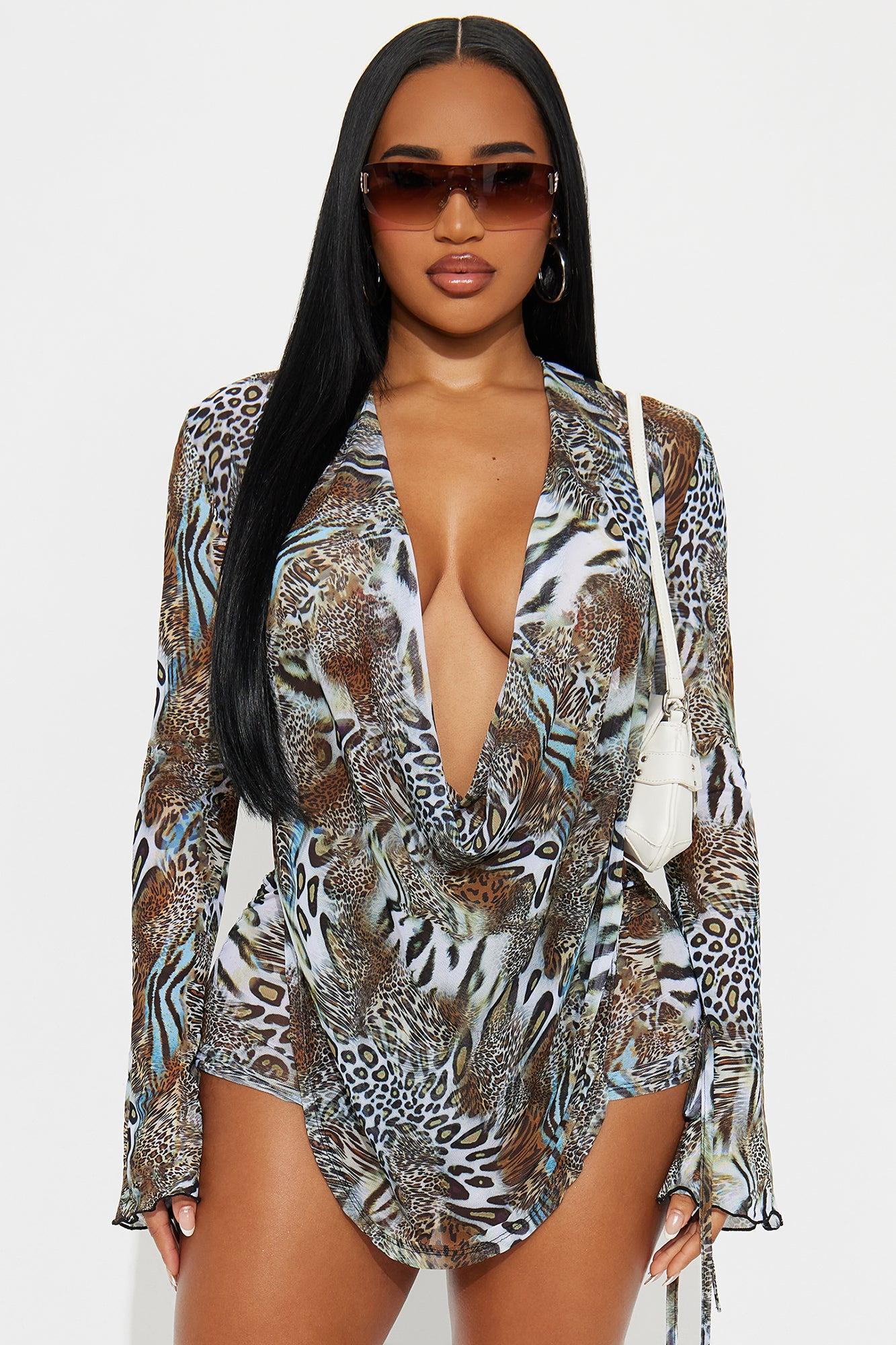 Summer Muse Cowl Neck Mesh Cover Up Micro Shorts Set - Tan/Multi Product Image