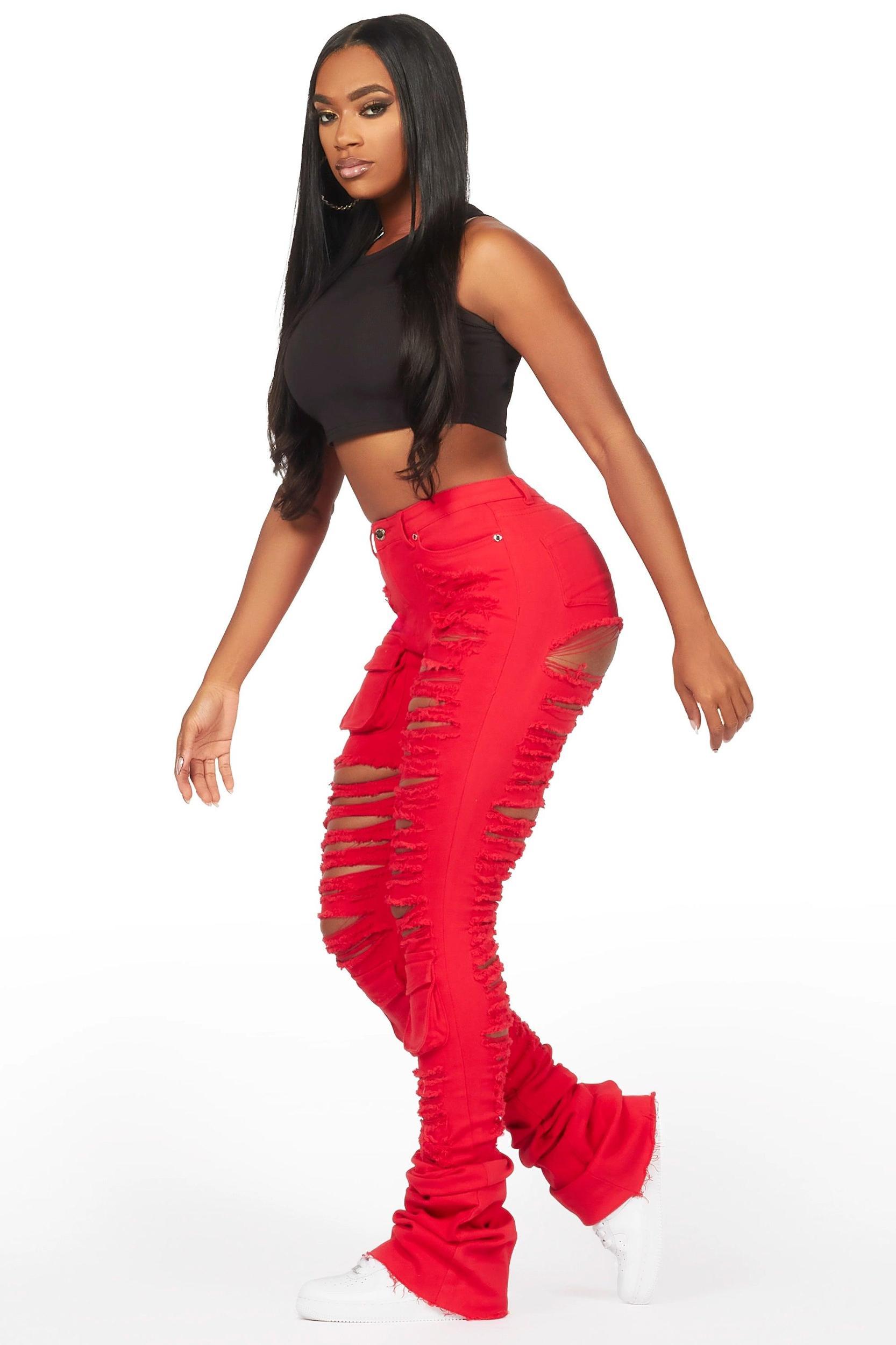 Capria Red Ultra Distressed Super Stacked Jean Female Product Image