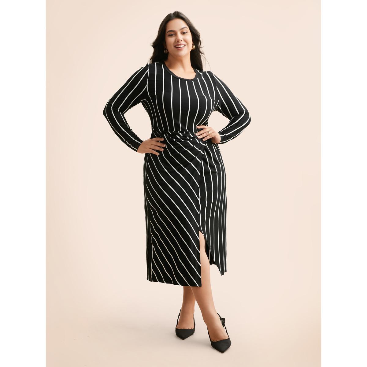 Plus Size Striped Twist Front Split Hem Dress Black Women Elegant Twist Round Neck Long Sleeve Curvy BloomChic 30/6X Product Image