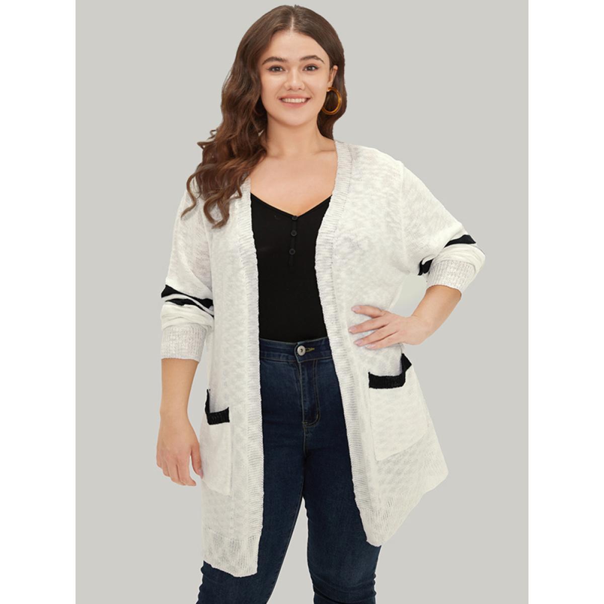 Plus Size Contrast Patched Pocket Open Front Cardigan White Women Casual Loose Long Sleeve Everyday Cardigans BloomChic 18-20/2X Product Image